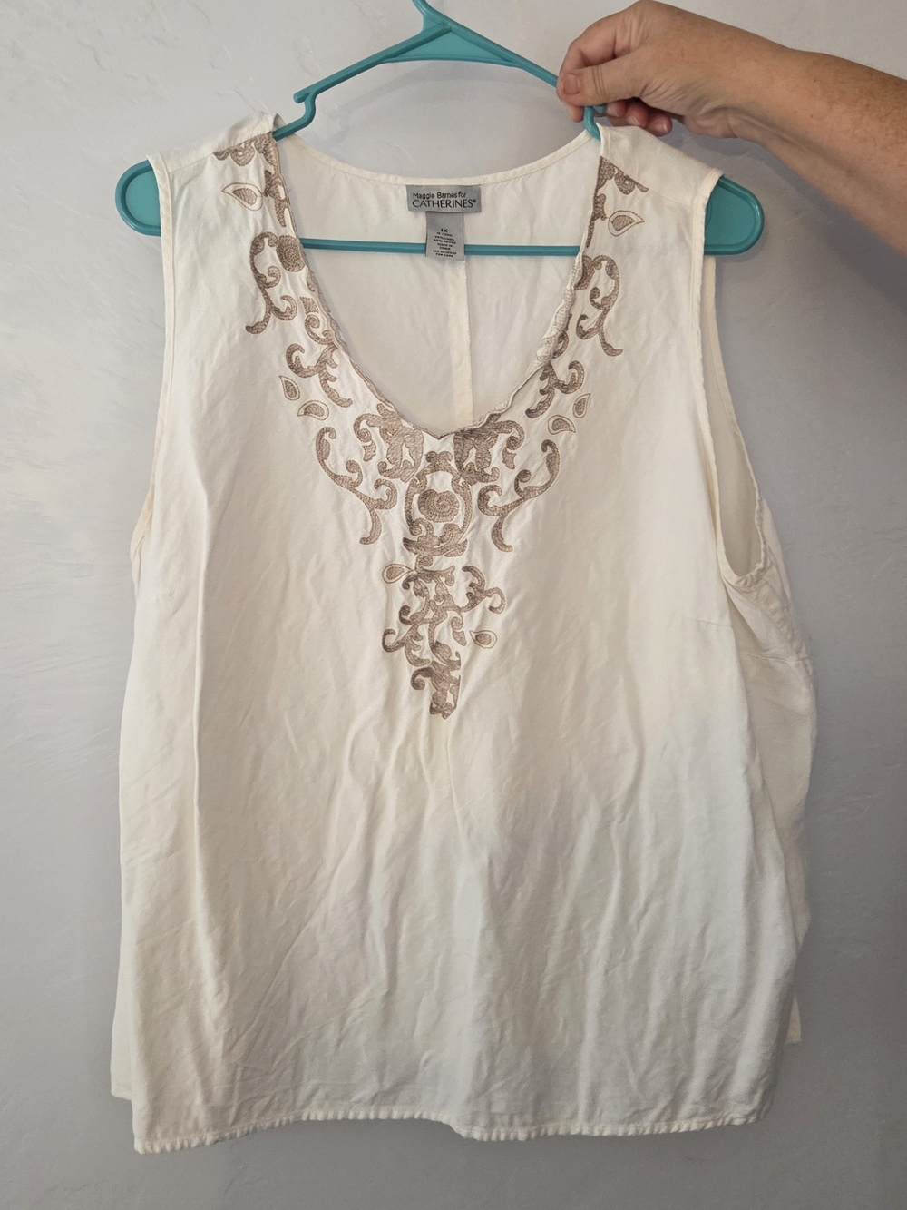 Catherines Cream Sleeveless V-Neck Top with Beige Embroidery